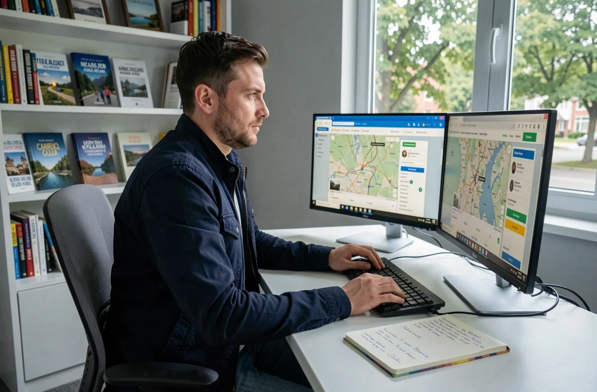 Homme organisant son voyage en Ukraine depuis son bureau à domicile avec des sites de réservation en ligne