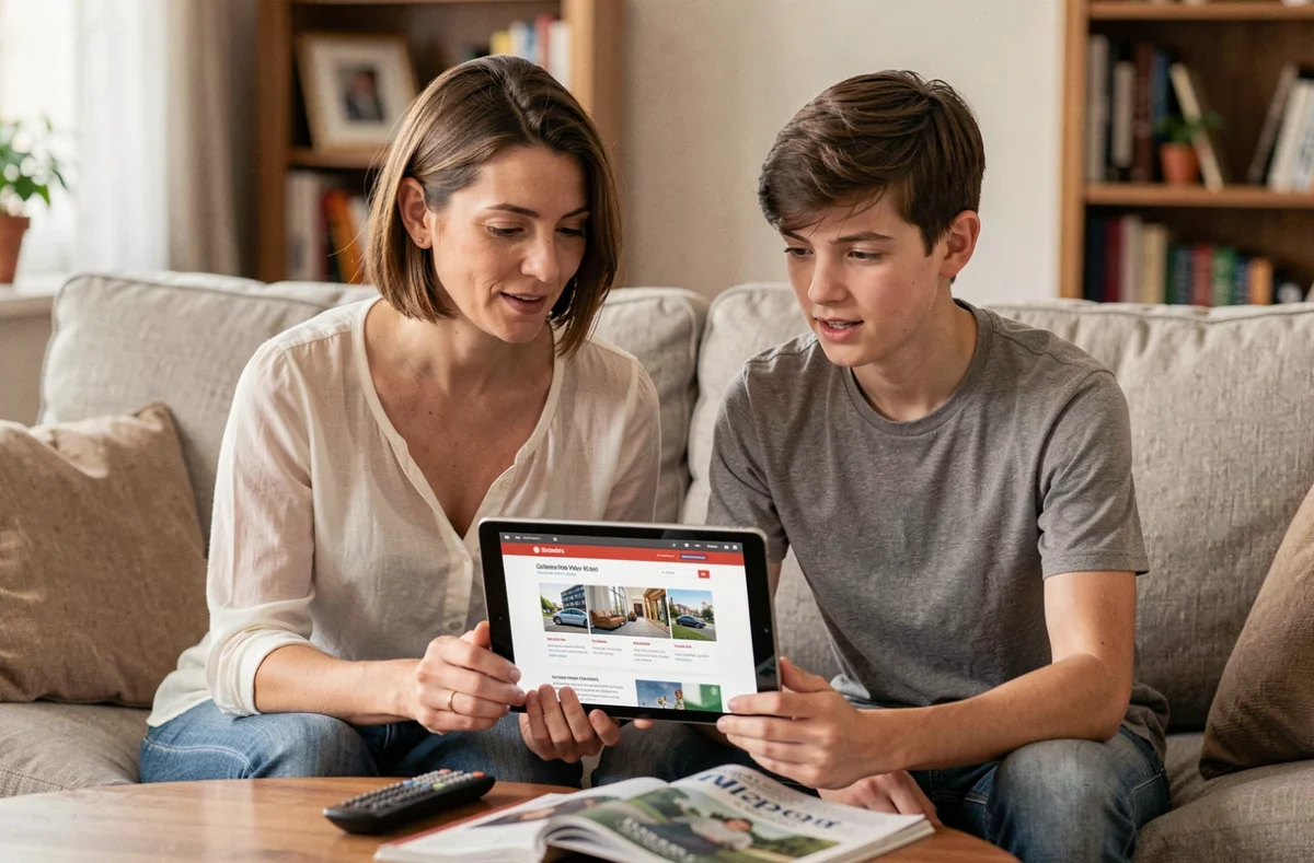 Mère et adolescent choisissant ensemble un forfait mobile Free sur une tablette au salon