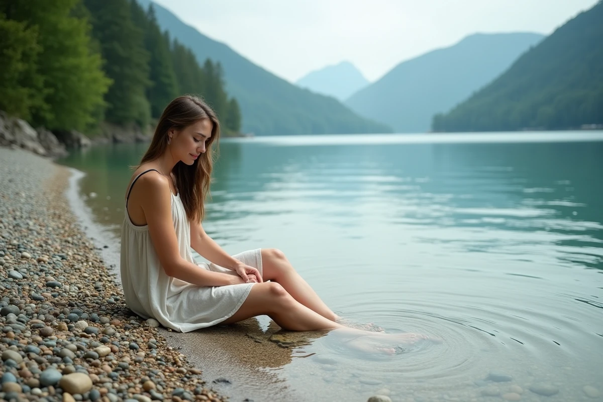 Femme assise sur une plage secrète de galets au bord du lac du Bourget, entourée de végétation dense et de falaises calcaires