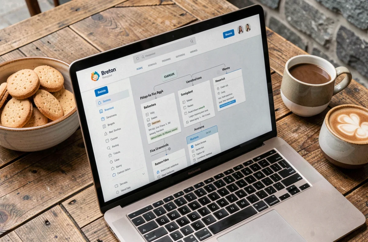 Plan du site Little Breizh affiché sur un ordinateur portable posé sur une table bretonne