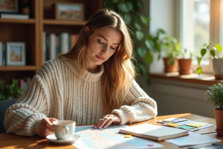 Femme planifiant un voyage à la maison avec une carte, un journal de voyage et des notes colorées sur une table en bois