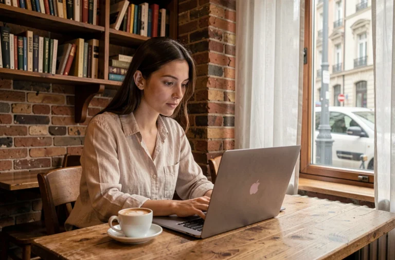 Jeune femme planifiant un voyage en Ukraine sur son ordinateur portable dans un café européen cosy