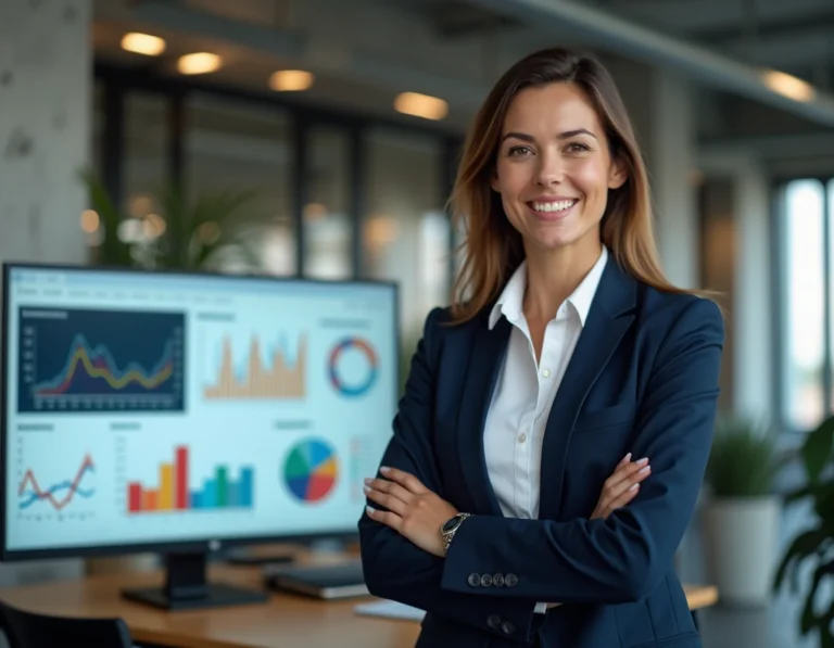 Professionnelle du marketing B2B analysant des tableaux de bord numériques dans un bureau moderne
