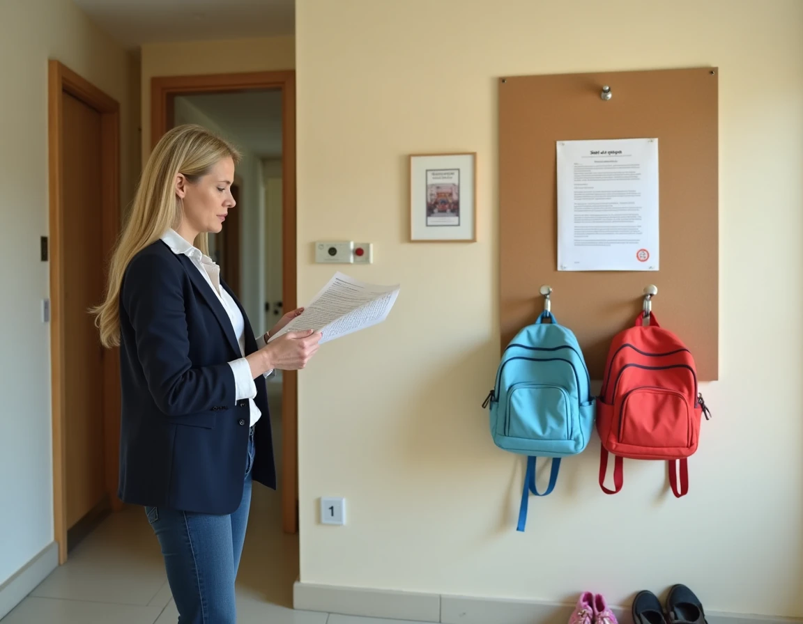 Directrice d'école maternelle consultant la réglementation sur la sieste obligatoire en petite section