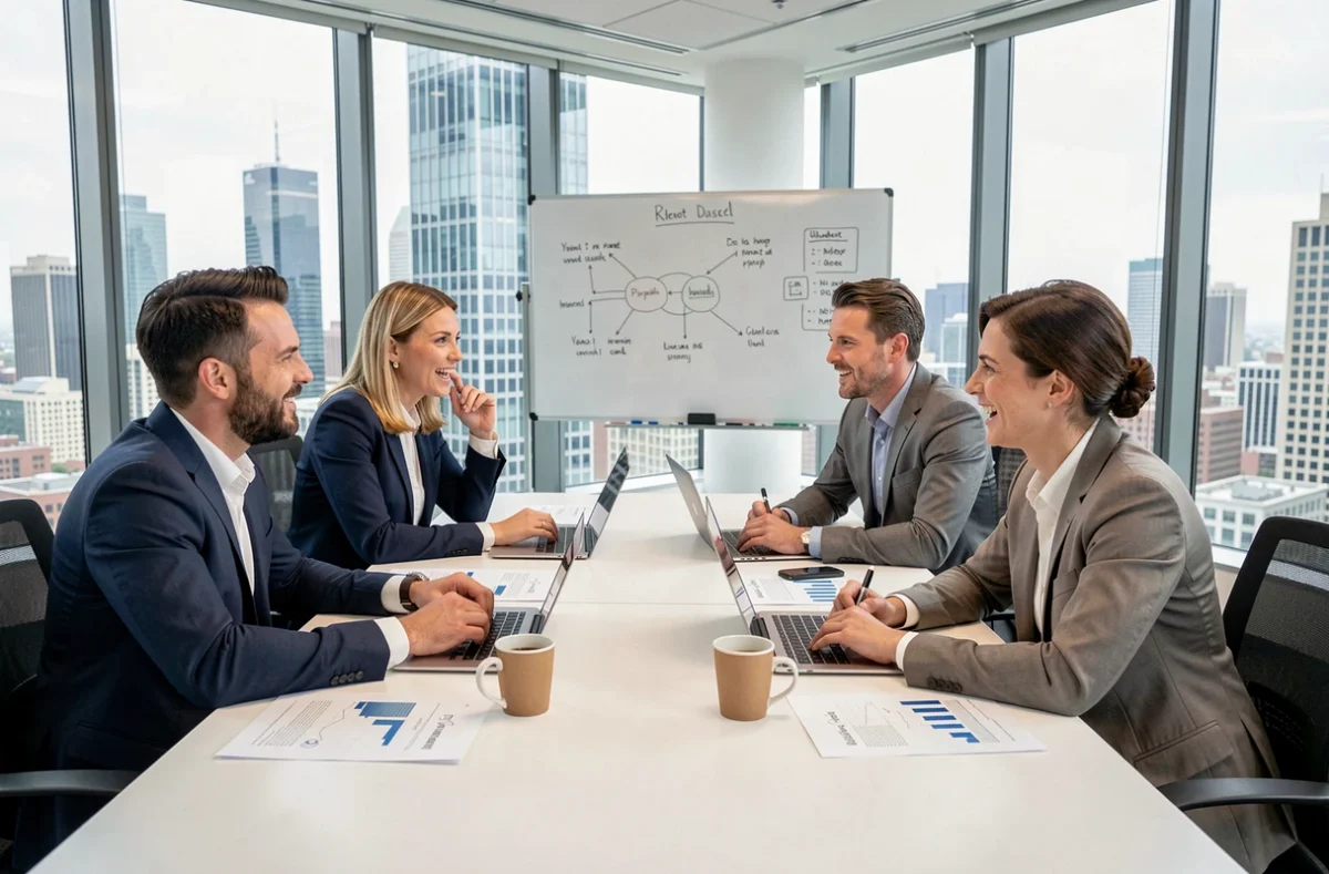 Équipe de professionnels en réunion d'affaires autour d'une table de conférence moderne, actualités et stratégie d'entreprise
