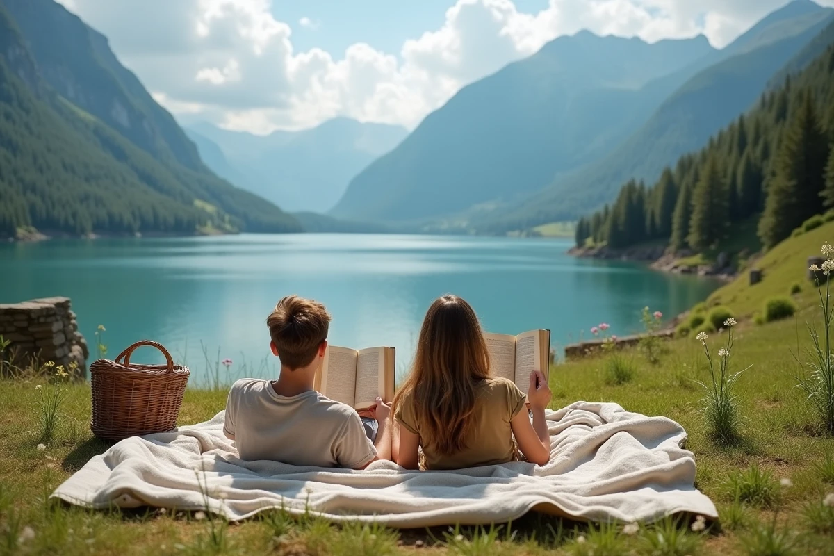 Deux amis lisant sur une rive herbeuse et isolée du lac du Bourget avec les Alpes savoyardes en arrière-plan