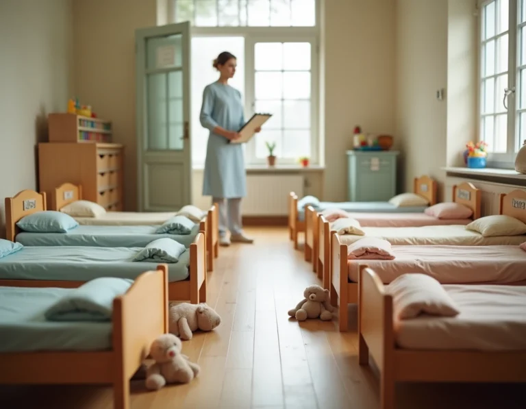 Salle de sieste en petite section de maternelle avec petits lits alignés et couvertures colorées