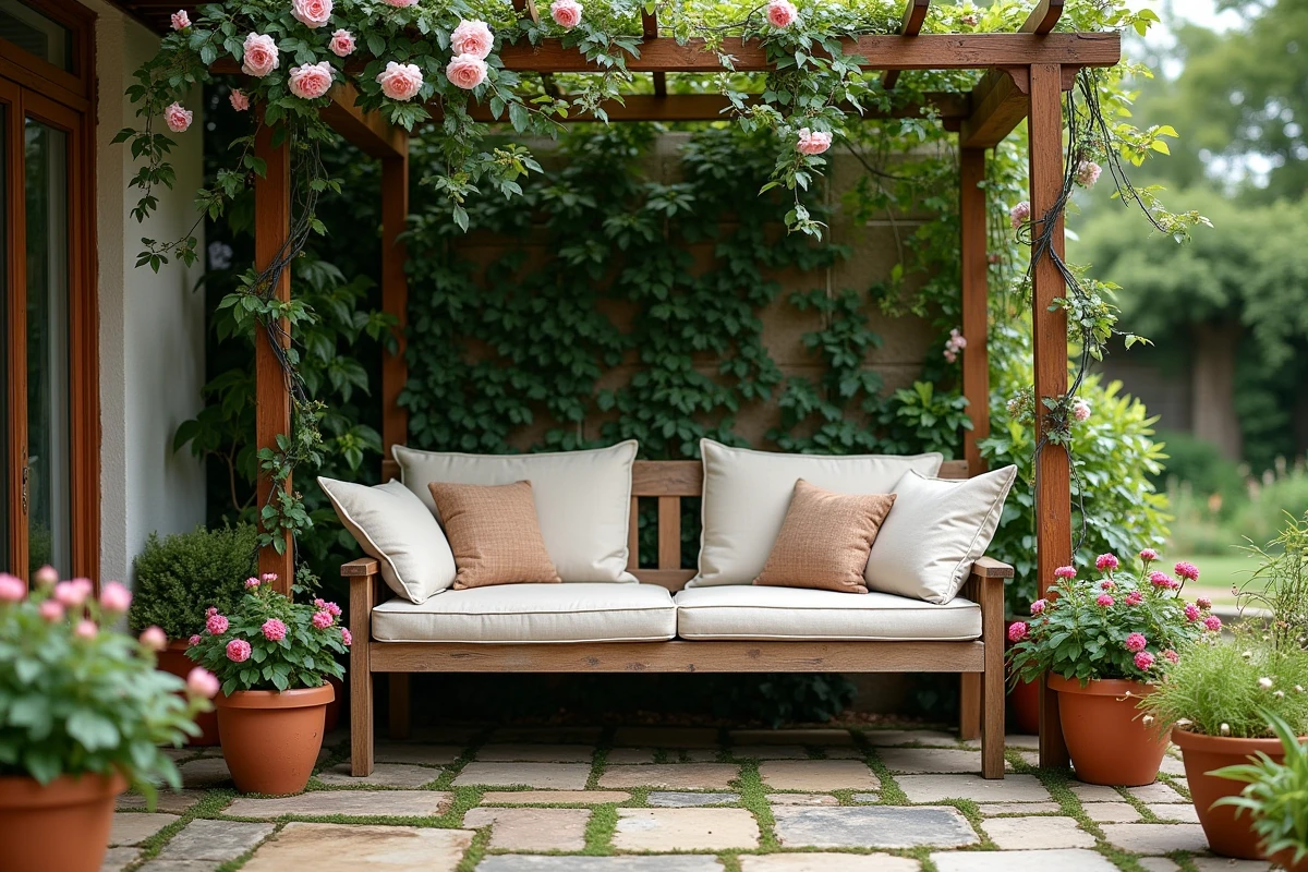 Coin salon de jardin rustique avec pergola couverte de roses grimpantes et pots de géraniums sur une terrasse en pierre