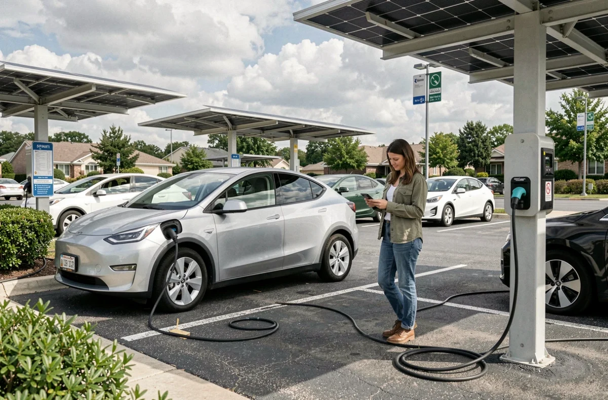 Femme attendant la recharge de son SUV électrique dans une station de recharge publique en banlieue avec panneaux solaires