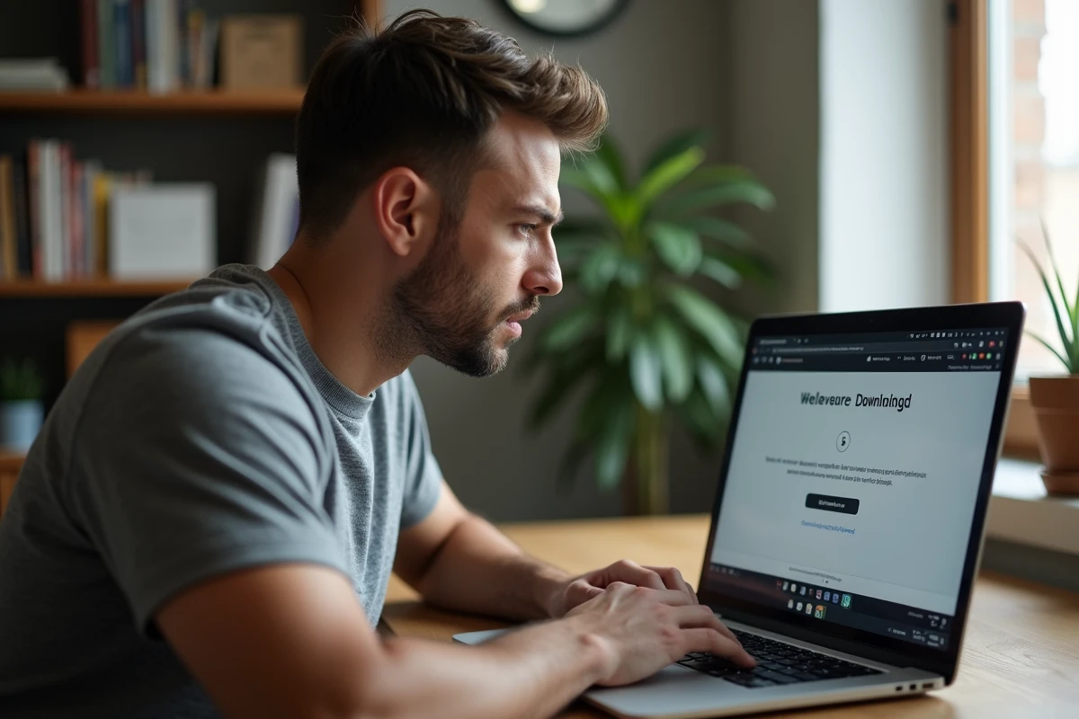 Homme prudent lisant les avertissements d'un site de téléchargement de logiciels sur son ordinateur portable