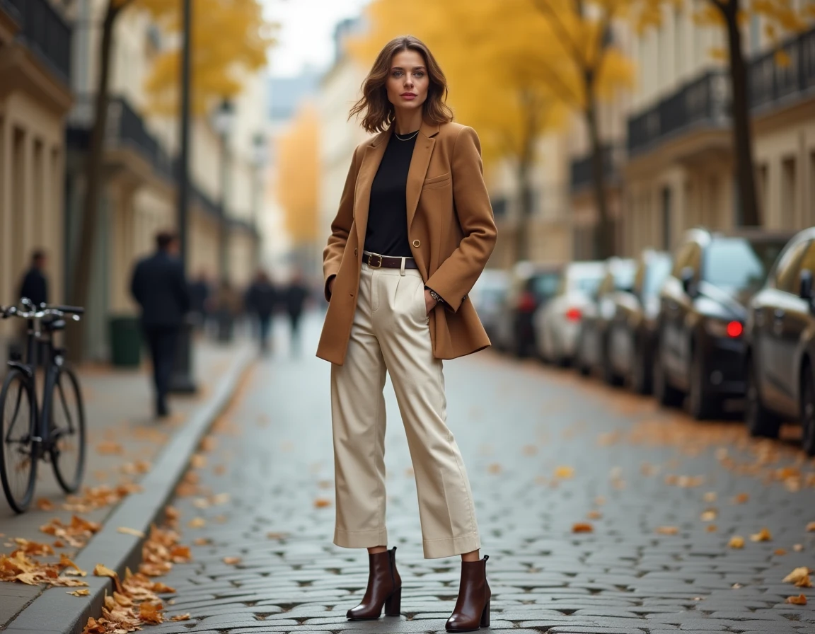 Femme élégante en blazer camel et pantalon large dans une rue pavée parisienne en automne, tendances mode saison