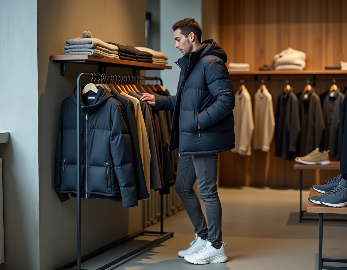 Jeune homme à la mode dans un concept store moderne feuilletant des vêtements tendance, actualités fashion