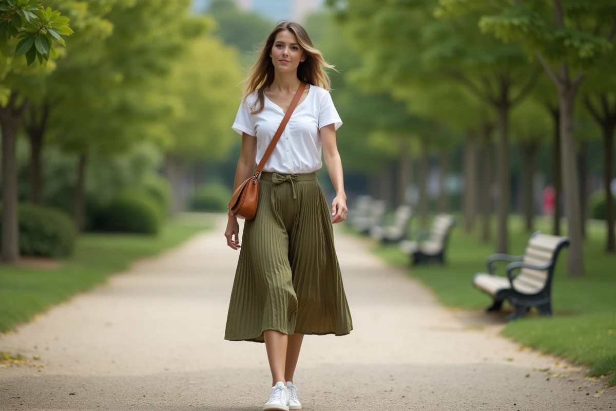 Femme en blouse blanche et jupe kaki plissée se promenant dans un parc urbain par 23 degrés