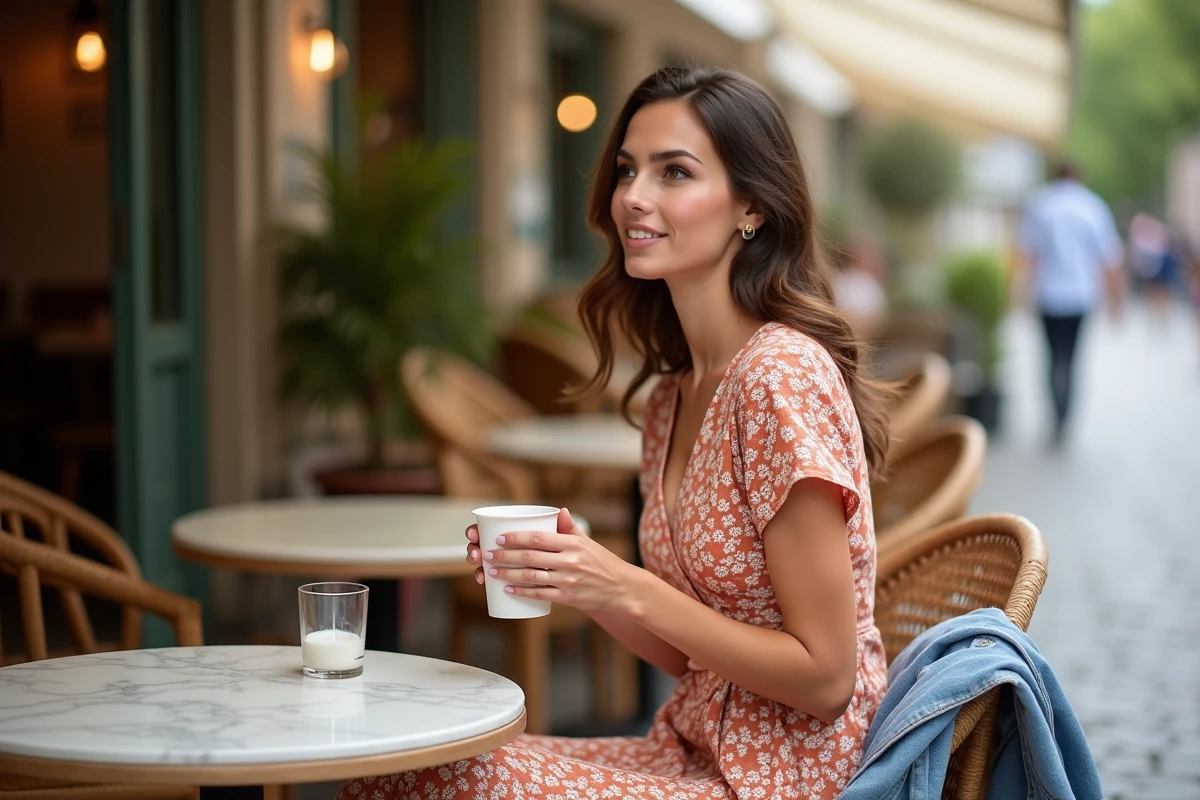 Femme en robe mi-longue fleurie et veste en jean légère à une terrasse de café par 23 degrés
