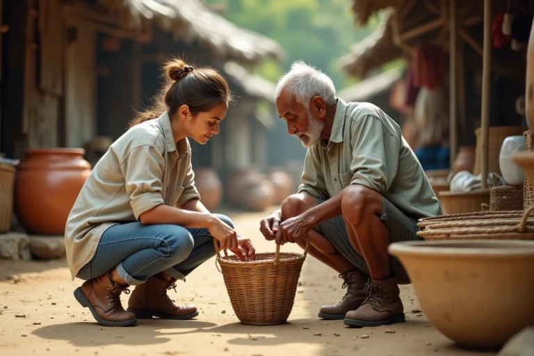 Voyageuse échangeant avec un artisan local sur un marché en Asie du Sud-Est, illustrant un voyage authentique et porteur de sens