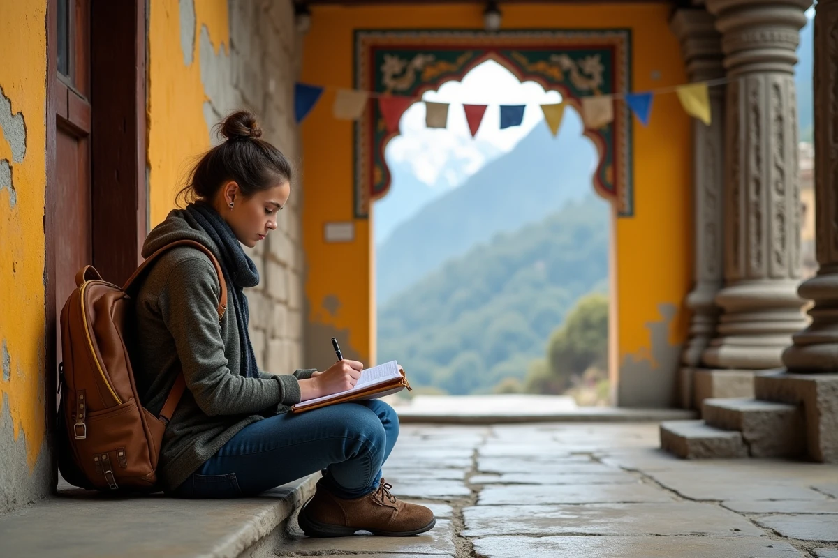 Jeune voyageuse écrivant dans son journal au sein d'un monastère himalayen, évoquant un voyage introspectif et chargé de sens