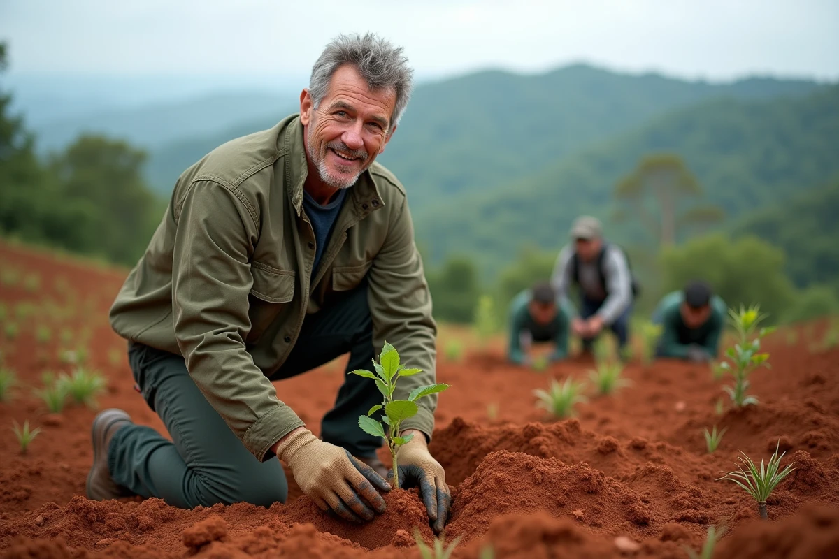 Voyageur participant à un projet de reforestation avec des bénévoles locaux en Amérique centrale, symbole de voyage responsable et engagé