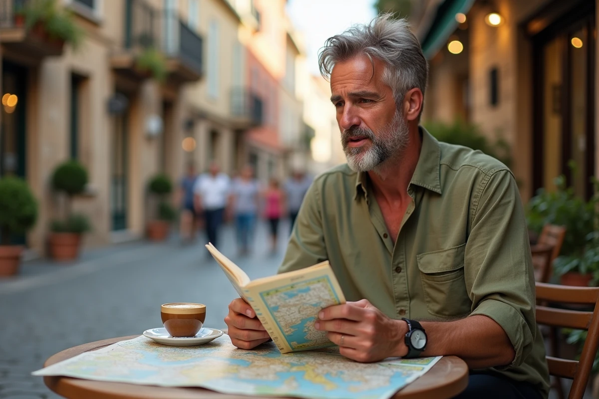 Voyageur détendu consultant un guide de voyage et une carte dans un café en terrasse en Europe